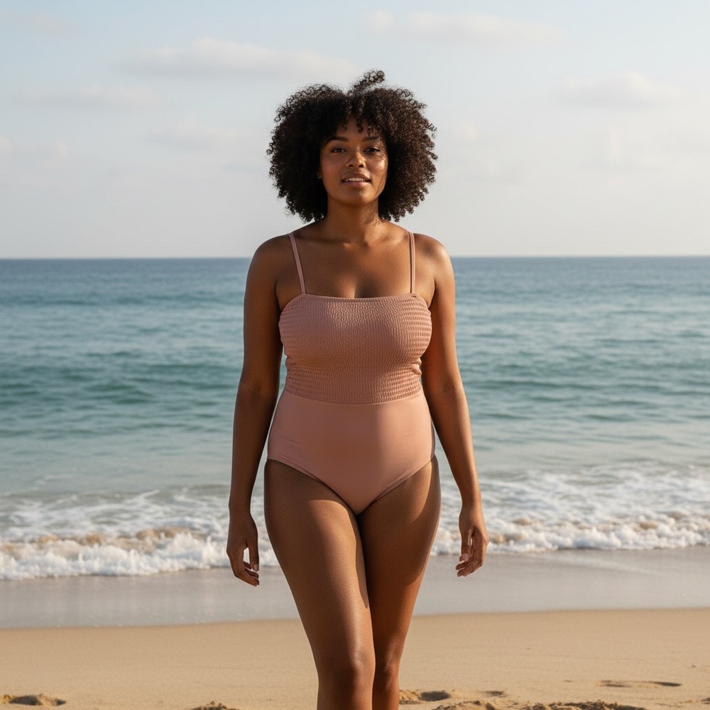 Old Navy Smocked Bandeau One-Piece Swimsuit in a Light Rust Color